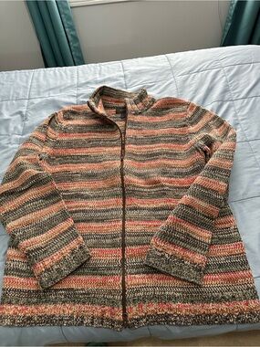 Express Multicolor Striped Knit Zip Cardigan - Brown/Red Accent